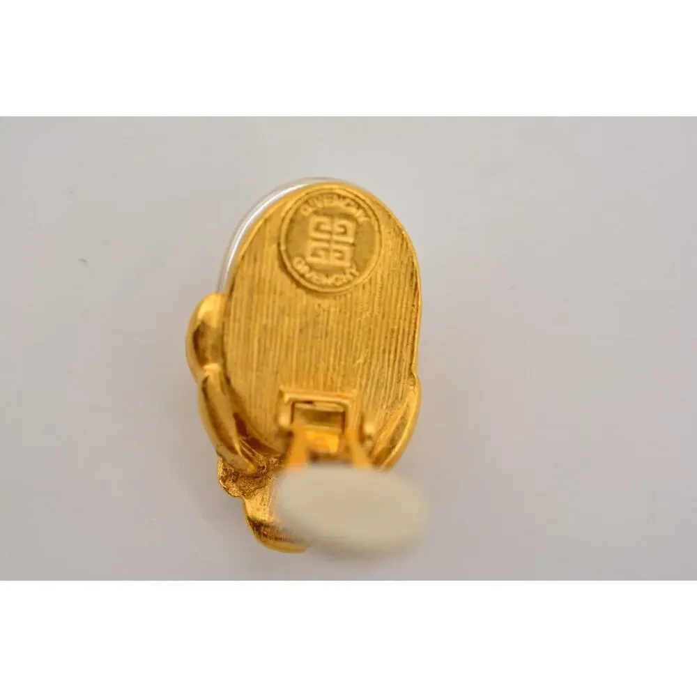 Givenchy Vintage Clip On Earrings Flower Brushed Gold Pearl Crystal Signed 9C - Picture 11 of 12